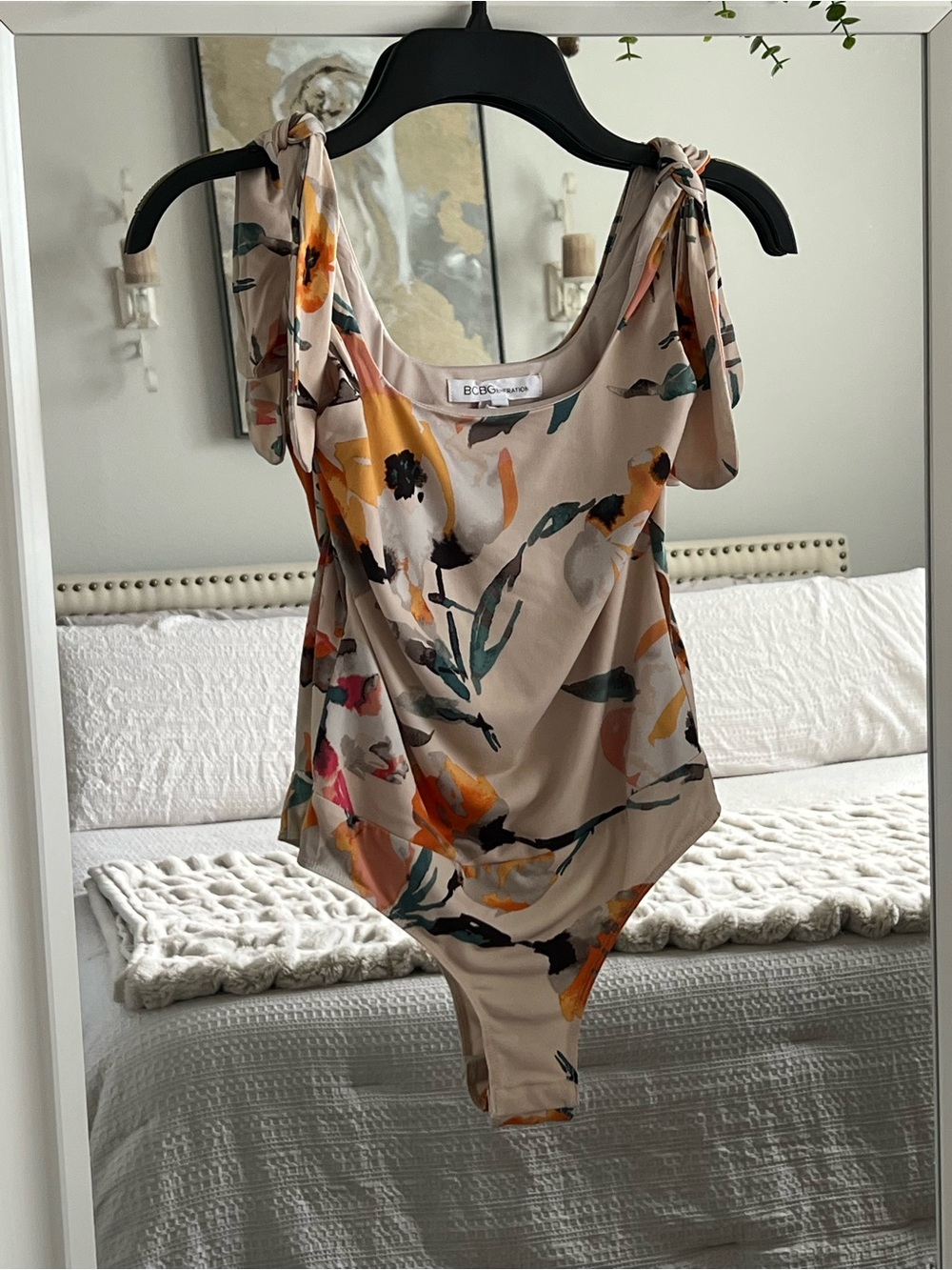 BCBGeneration Beige Floral Tie-Shoulder Bodysuit with Multicolor Print